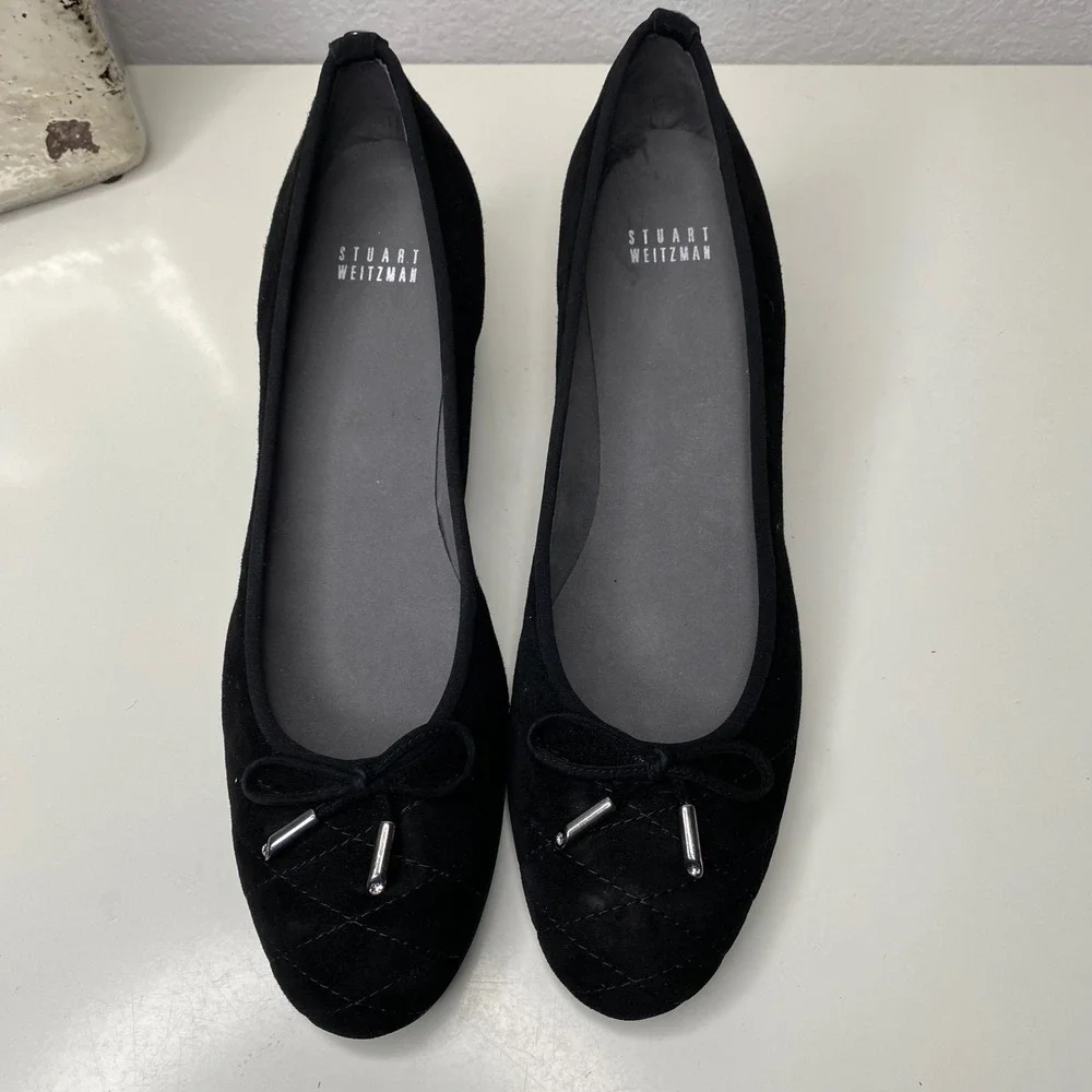 Stuart Weitzman Quilty Black Suede Quilted Bow Wedge Heels Luxury Shoes Size 11N - Picture 5 of 11